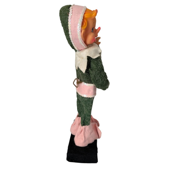 Vintage Musical Windup Pixie Christmas Elf Head Moving Green Pink on Stand Japan - Picture 6 of 11